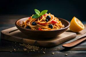 pasta met olijven en zwart olijven in een houten schaal. ai-gegenereerd foto