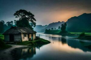 de zon stijgt over- de rivier- in Vietnam. ai-gegenereerd foto