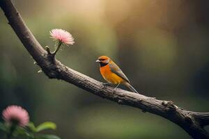 een klein vogel is neergestreken Aan een Afdeling met roze bloemen. ai-gegenereerd foto