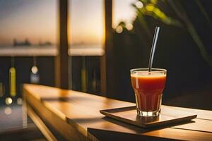 een glas van sap Aan een tafel met een visie van de stad. ai-gegenereerd foto