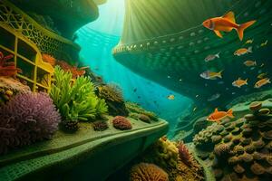 een tafereel van een onderwater- stad met vis en koraal. ai-gegenereerd foto