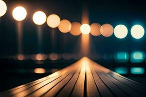 een lang houten pier met lichten in de achtergrond. ai-gegenereerd foto