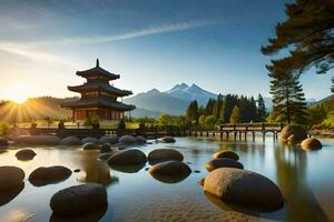 de zon stijgt over- de bergen en de pagode in de voorgrond. ai-gegenereerd foto
