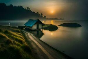 een klein huis zit Aan de kust van een meer Bij zonsopkomst. ai-gegenereerd foto