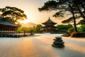 een Japans tuin Bij zonsondergang. ai-gegenereerd foto