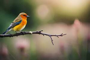 een klein oranje vogel zit Aan een Afdeling. ai-gegenereerd foto