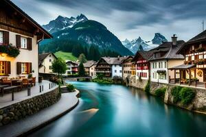 foto behang bergen, de lucht, water, huizen, de Alpen, Zwitserland, de. ai-gegenereerd