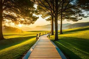 een houten pad Leidt naar een met gras begroeid veld- Bij zonsopkomst. ai-gegenereerd foto