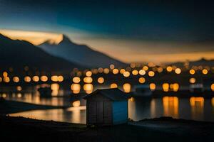 een klein huis zit Aan de kust van een meer Bij nacht. ai-gegenereerd foto