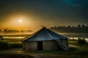 een klein hut zit in de midden- van een veld- Bij zonsopkomst. ai-gegenereerd foto