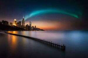 een stad horizon met een kleurrijk Aurora vervelen licht over- het. ai-gegenereerd foto