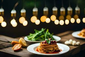 een bord van spaghetti en tomaat saus Aan een houten tafel. ai-gegenereerd foto