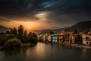 de zon sets over- een rivier- in udaipur, Indië. ai-gegenereerd foto