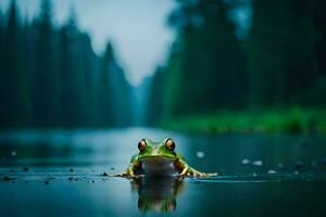 een kikker zittend Aan de water in een Woud. ai-gegenereerd foto