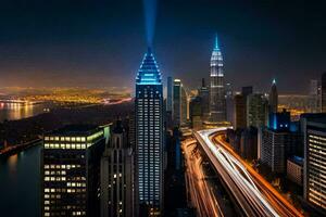 de stad horizon Bij nacht met verkeer lichten. ai-gegenereerd foto