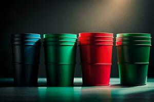 vier rood, groen en blauw plastic cups bekleed omhoog Aan een tafel. ai-gegenereerd foto