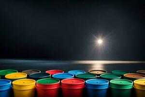 kleurrijk plastic cups bekleed omhoog Aan een tafel. ai-gegenereerd foto