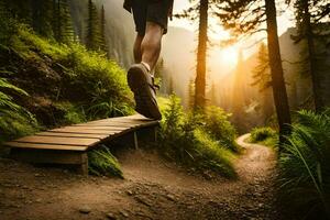 een Mens is wandelen Aan een houten brug over- een pad. ai-gegenereerd foto