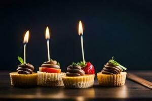 kaarsen in cupcakes Aan een donker achtergrond. ai-gegenereerd foto