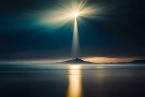 een helder licht schijnt over- de oceaan en een berg. ai-gegenereerd foto