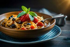 een kom van pasta met bessen en tomaten. ai-gegenereerd foto