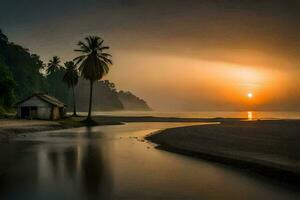 de zon stijgt over- een strand met palm bomen en een hut. ai-gegenereerd foto