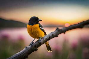 een vogel zit Aan een Afdeling Bij zonsondergang. ai-gegenereerd foto