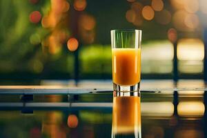 oranje sap in een glas Aan een tafel. ai-gegenereerd foto