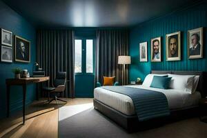 een hotel kamer met blauw muren en een bed. ai-gegenereerd foto