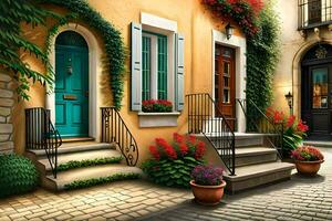 een schilderij van een straat met kleurrijk gebouwen. ai-gegenereerd foto