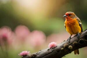 een klein oranje vogel zit Aan een Afdeling met roze bloemen. ai-gegenereerd foto