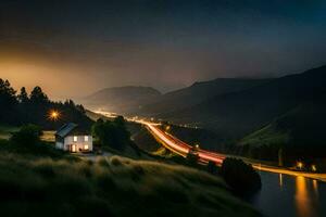 een huis zit Aan een heuvel met uitzicht een rivier- Bij nacht. ai-gegenereerd foto