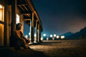 een Mens zittend Aan de grond Bij nacht. ai-gegenereerd foto