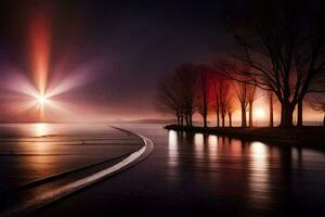 een lang blootstelling fotograaf van een rivier- Bij nacht. ai-gegenereerd foto