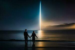 een Mens en vrouw staand Aan de strand Holding handen. ai-gegenereerd foto