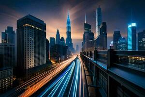 een stad Bij nacht met lichten Aan de snelweg. ai-gegenereerd foto