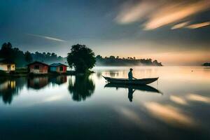 een Mens in een boot Aan de water Bij zonsopkomst. ai-gegenereerd foto