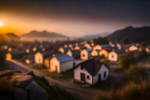 een klein stad- met huizen Bij zonsondergang. ai-gegenereerd foto