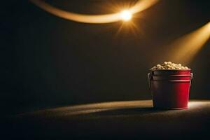 een emmer van popcorn Aan een tafel met een schijnwerper. ai-gegenereerd foto