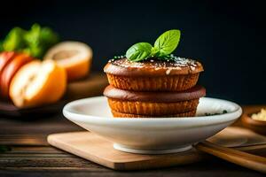 een bord met een muffin Aan het en sommige fruit. ai-gegenereerd foto