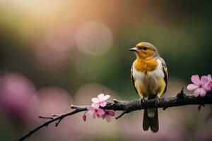 een vogel zit Aan een Afdeling met roze bloemen. ai-gegenereerd foto