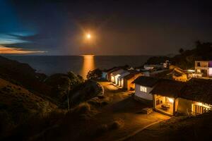 de maan schijnt helder over- een dorp Bij nacht. ai-gegenereerd foto