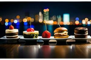 een lijn van desserts Aan een tafel in voorkant van een stad horizon. ai-gegenereerd foto