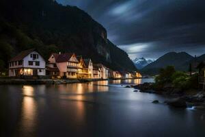 foto behang de lucht, bergen, water, huizen, bergen, nacht, de Alpen,. ai-gegenereerd