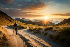 een Mens wandelingen Aan een aarde weg in de bergen. ai-gegenereerd foto