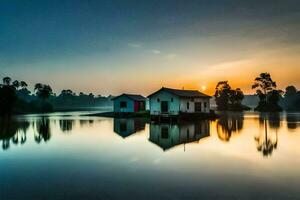 een huis Aan de water Bij zonsopkomst. ai-gegenereerd foto