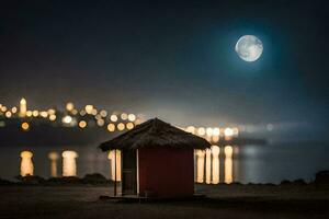 een hut zit Aan de strand Bij nacht met een vol maan. ai-gegenereerd foto