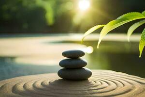 zen stenen Aan een houten tafel in voorkant van een vijver. ai-gegenereerd foto