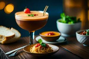 een tafel met een drankje, brood en pasta. ai-gegenereerd foto