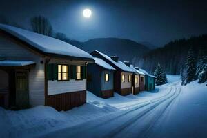 een besneeuwd weg in voorkant van een huis Bij nacht. ai-gegenereerd foto